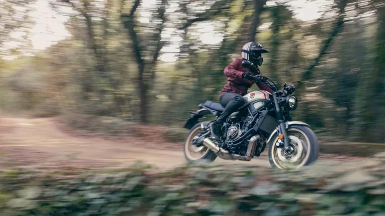 Actiefoto 2022-Yamaha-XS700SCR-EU-Tech_Black-Action-004-03 in bosrijke omgeving met motorrijder die licht in de bocht hangt