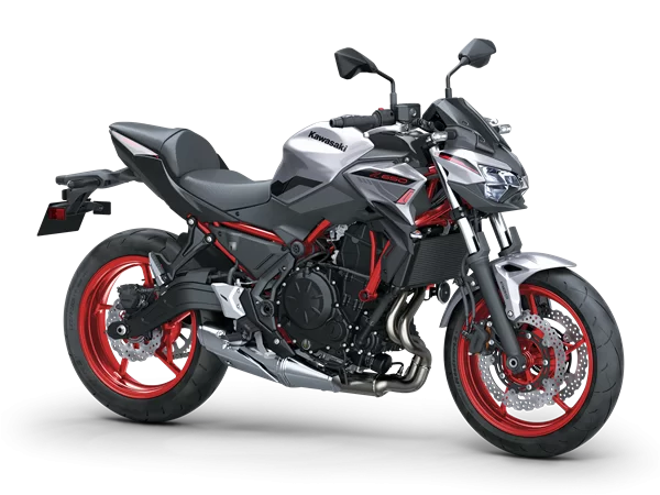 Productfoto 2023 Kawasaki Z650 carbongrijs met rood op witte achtergrond.