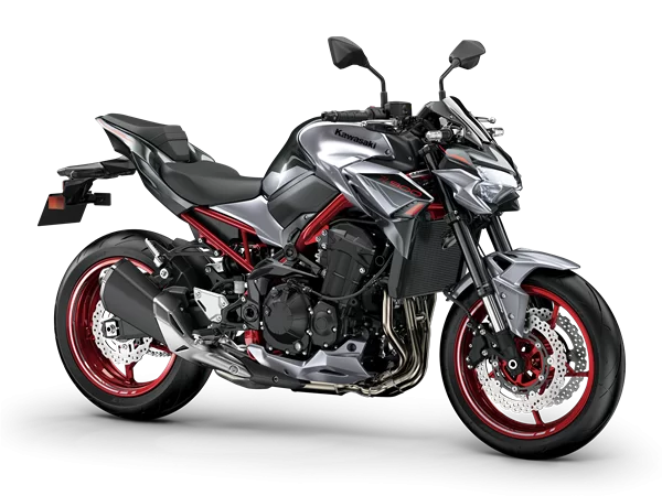 Productfoto 2023 Kawasaki Z900 carbongrijs met rood op witte achtergrond