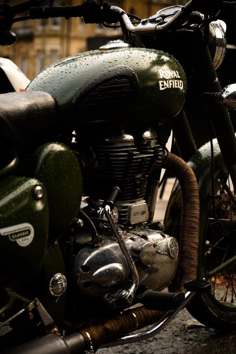 Royal-enfield-motorcycle-in-the-rain