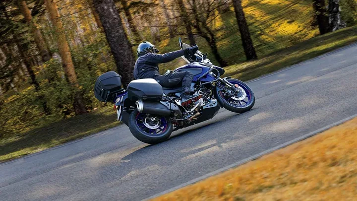 Suzuki V-Strom rijdend in het bos.